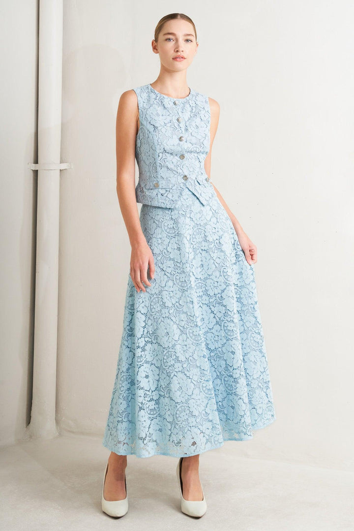 PURELY ROMANTIC WOVEN LACE MIDI SKIRT