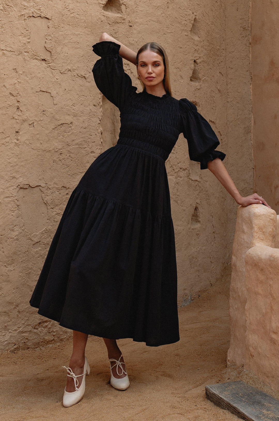 Florence Smocked Linen Midi Dress by Bali Lane