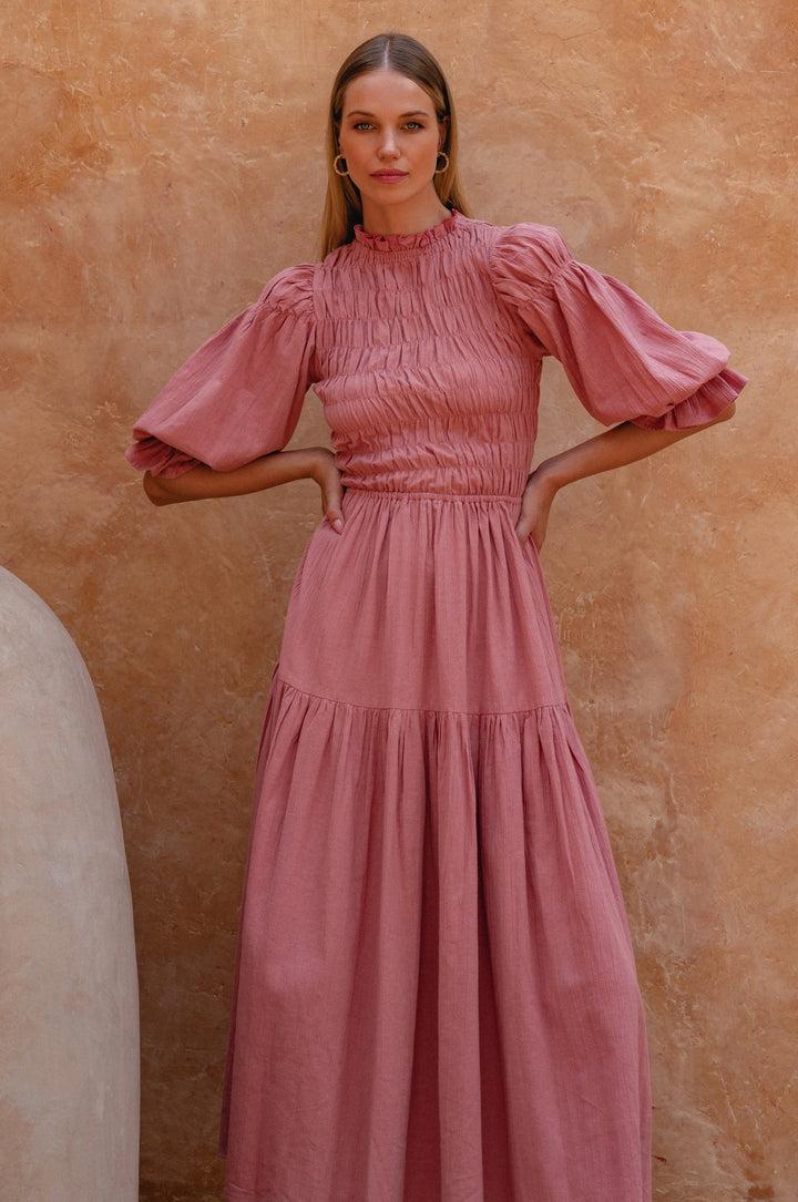 Florence Smocked Linen Midi Dress by Bali Lane