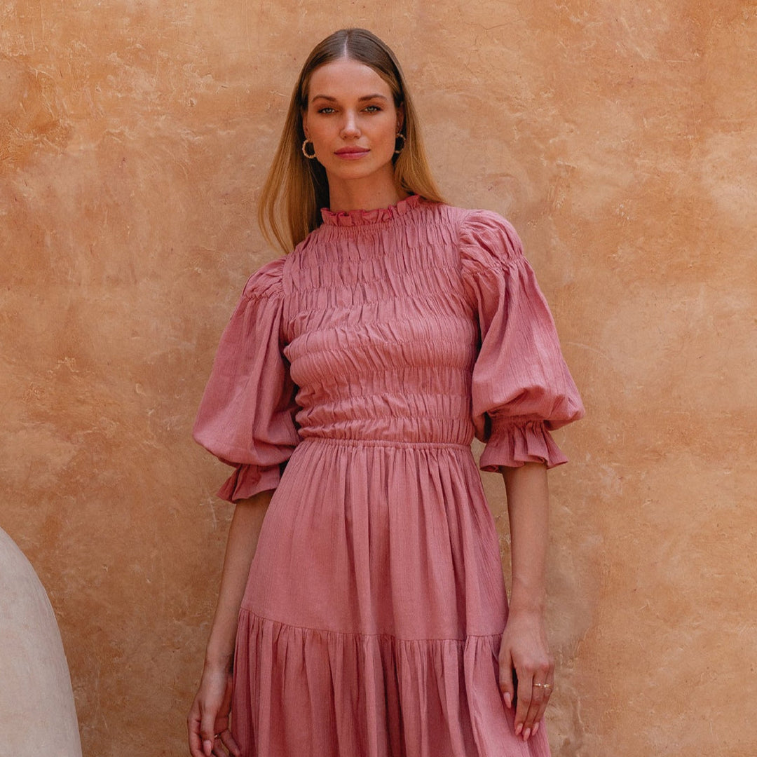 Florence Smocked Linen Midi Dress by Bali Lane