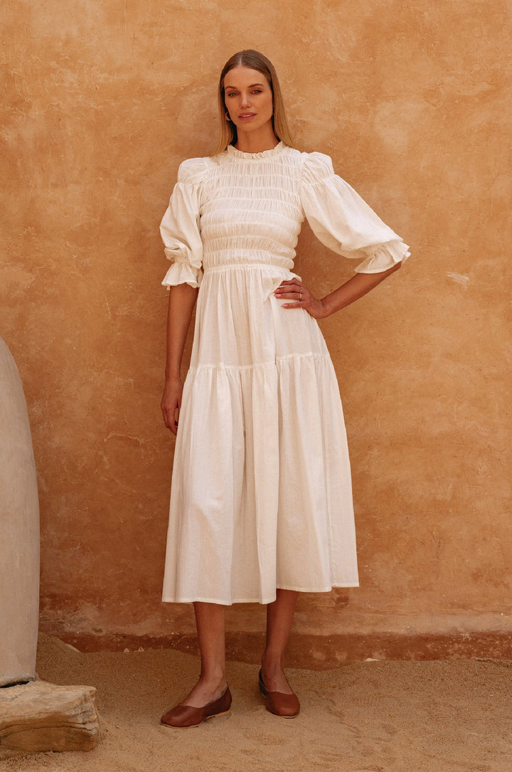 Florence Smocked Linen Midi Dress by Bali Lane