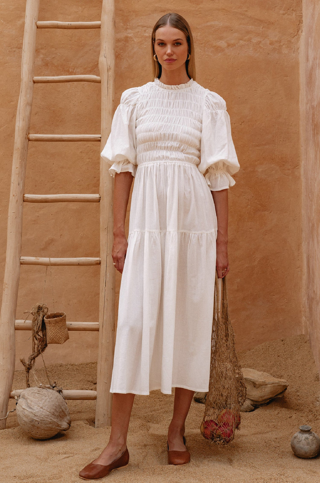 Florence Smocked Linen Midi Dress by Bali Lane