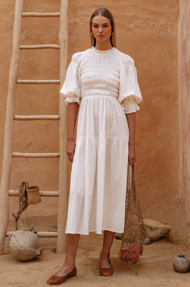 Florence Smocked Linen Midi Dress by Bali Lane