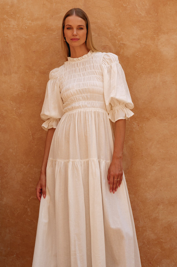 Florence Smocked Linen Midi Dress by Bali Lane