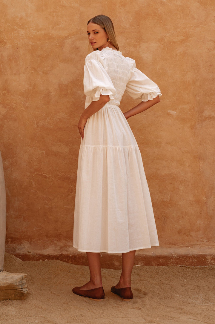 Florence Smocked Linen Midi Dress by Bali Lane