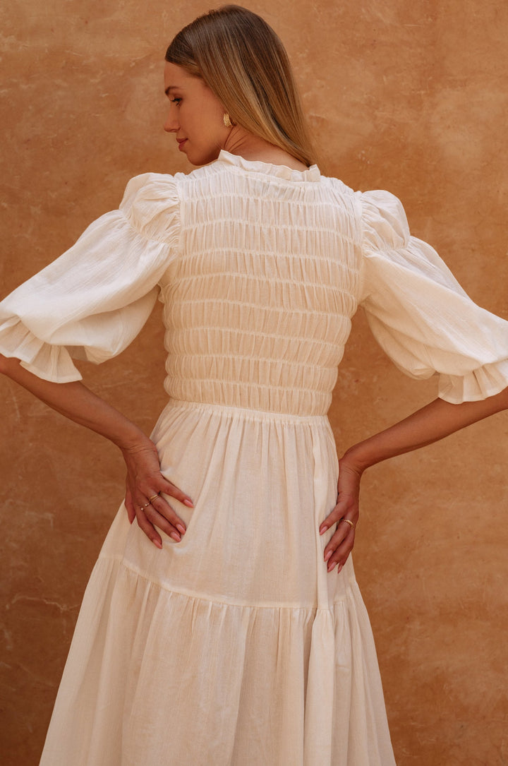 Florence Smocked Linen Midi Dress by Bali Lane