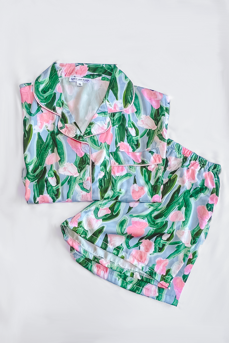 Fluid Tulips Satin Pajamas by Spikes and Seams