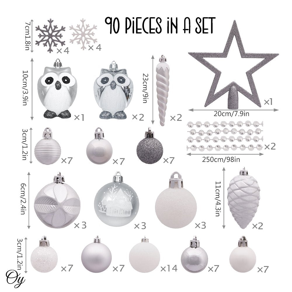 Winter Woodlands Large White and Silver Ornament Set of 90, Glittery Snow Owls, Cones, Snowflakes, and Stalactites by OrnamentallyYou