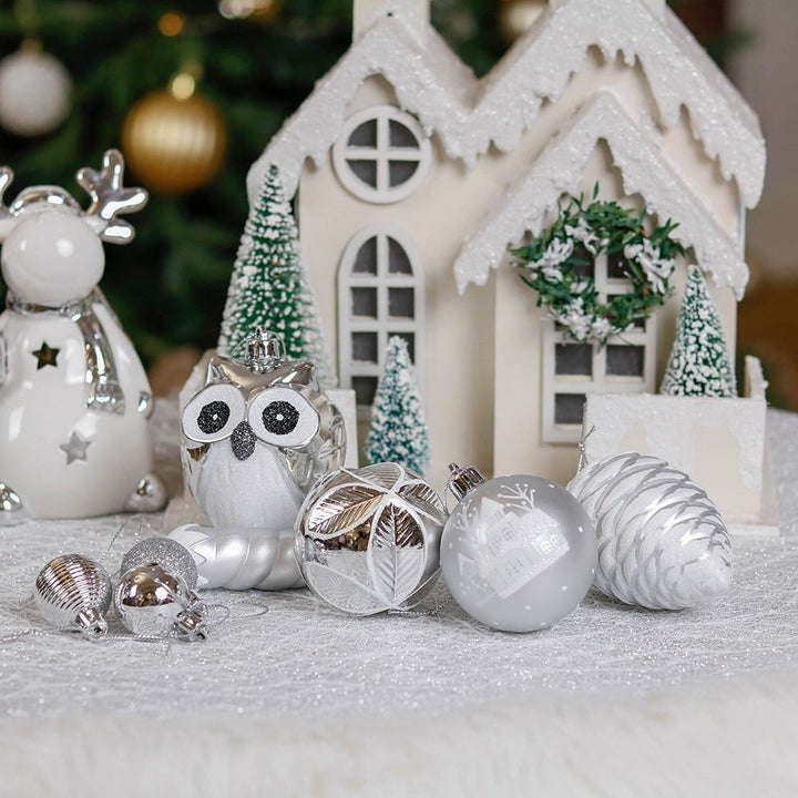 Winter Woodlands Large White and Silver Ornament Set of 90, Glittery Snow Owls, Cones, Snowflakes, and Stalactites by OrnamentallyYou