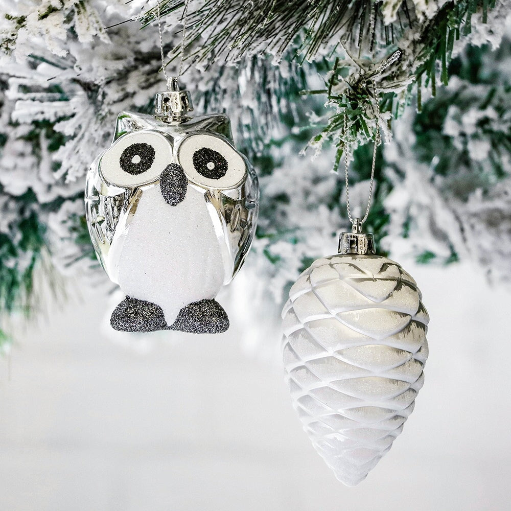 Winter Woodlands Large White and Silver Ornament Set of 90, Glittery Snow Owls, Cones, Snowflakes, and Stalactites by OrnamentallyYou