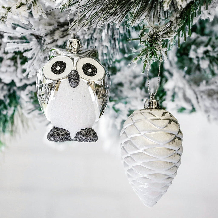 Winter Woodlands Large White and Silver Ornament Set of 90, Glittery Snow Owls, Cones, Snowflakes, and Stalactites by OrnamentallyYou