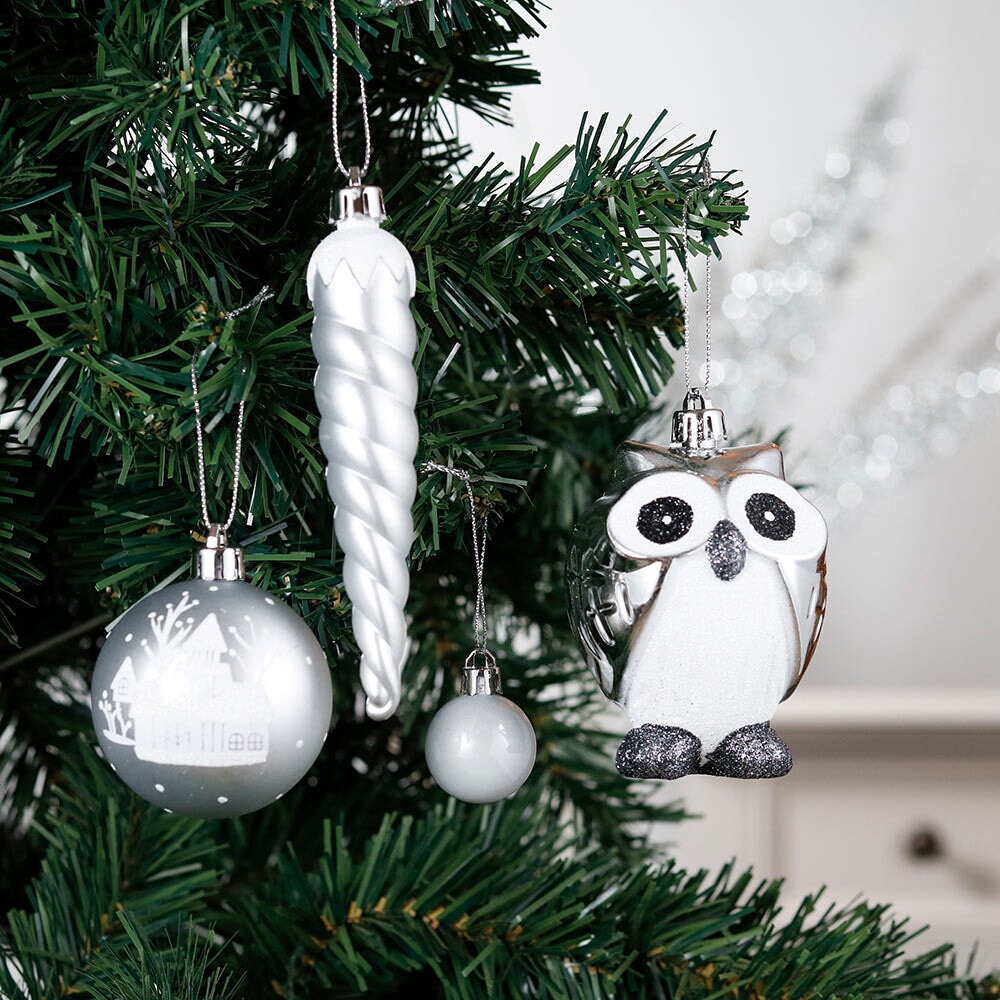 Winter Woodlands Large White and Silver Ornament Set of 90, Glittery Snow Owls, Cones, Snowflakes, and Stalactites by OrnamentallyYou