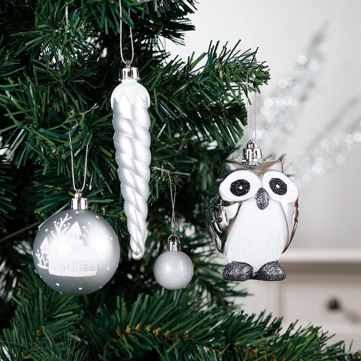 Winter Woodlands Large White and Silver Ornament Set of 90, Glittery Snow Owls, Cones, Snowflakes, and Stalactites by OrnamentallyYou