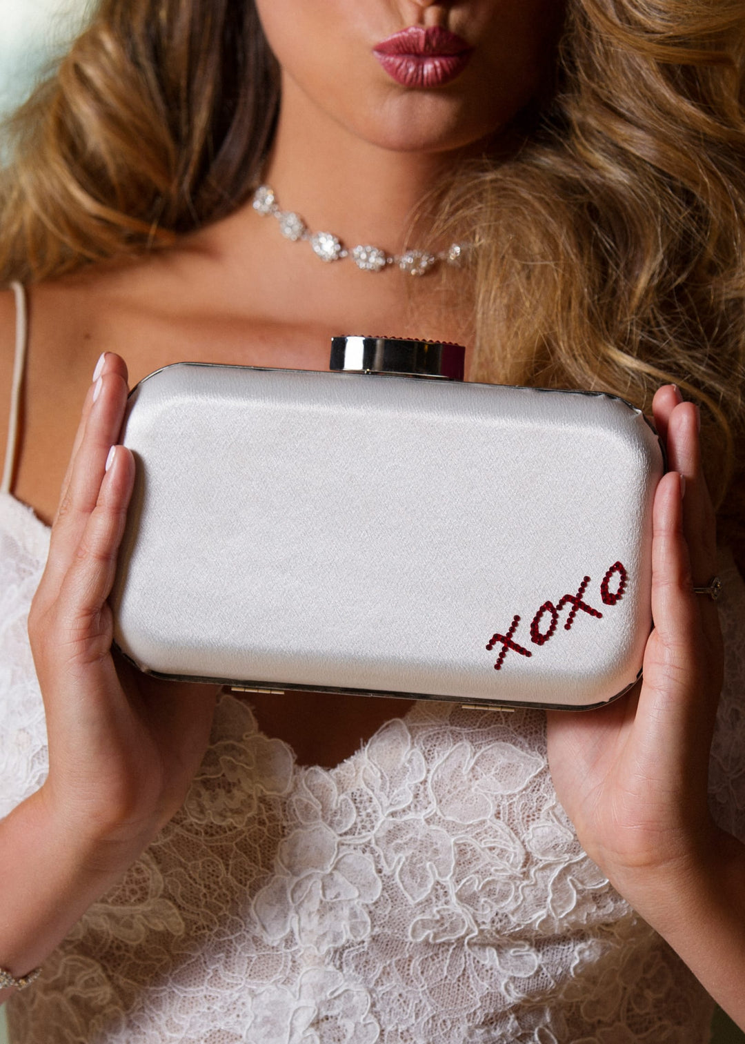 Frenchy Love Clutch with Red Crystal Lip Clasp