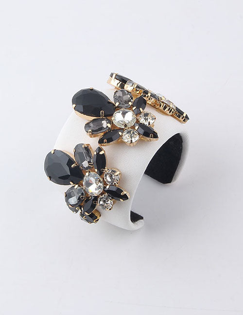 White Fabric Black Rhinestone Vintage Glam Cuff Bracelet by Coco Charli