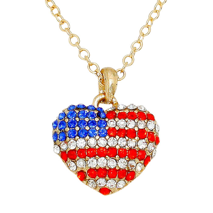 Crystal Pave American Flag Heart Pendant Necklace by Madeline Love