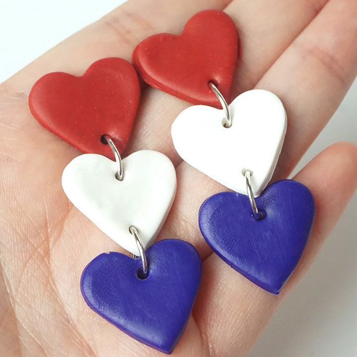 Red White and Blue Hearts Polymer Clay Dangle Earrings by OBX Prep