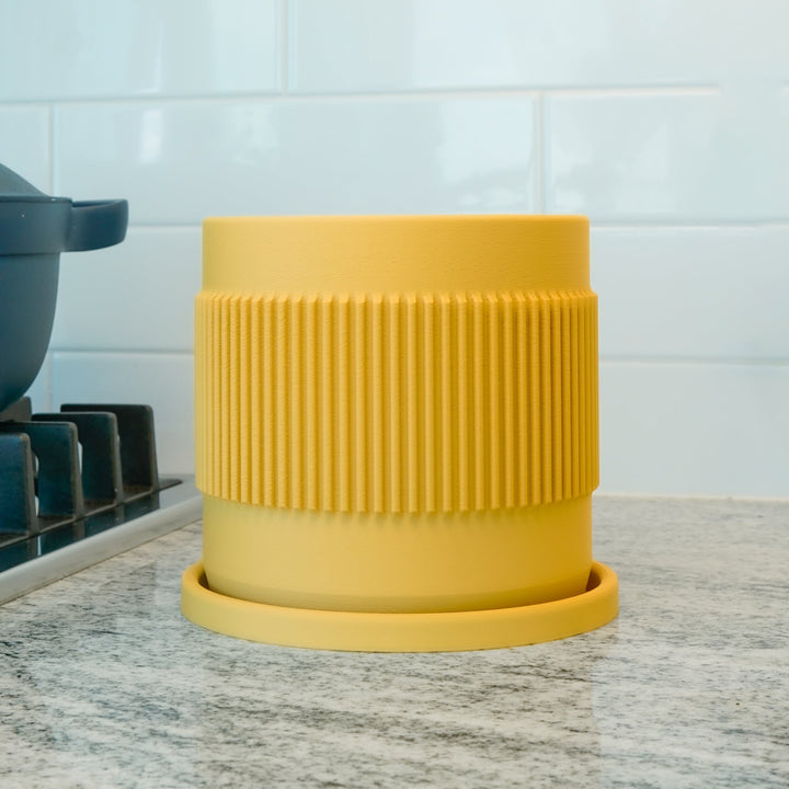 Half Mid-Century Ribbed Planter with Drainage and Saucer by Rosebud HomeGoods