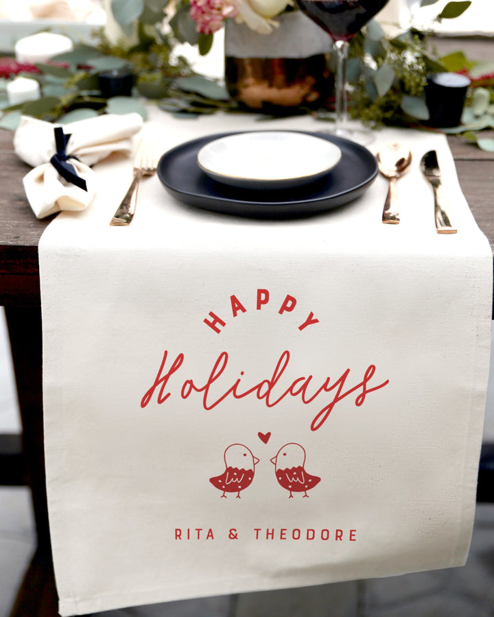 Personalized Couple Names Happy Holidays Cotton Canvas Christmas Table Runner by The Cotton & Canvas Co.