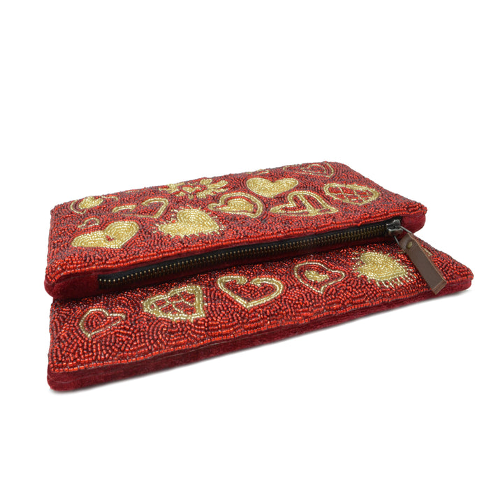 Red and Gold Heart Beaded Fold Over Clutch by Amore Beauté