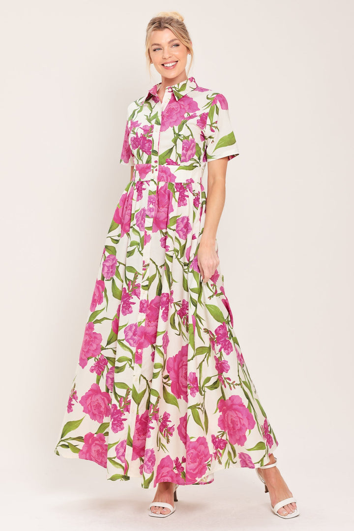 BLOOMING ROSE WOVEN MAXI SHIRT DRESS