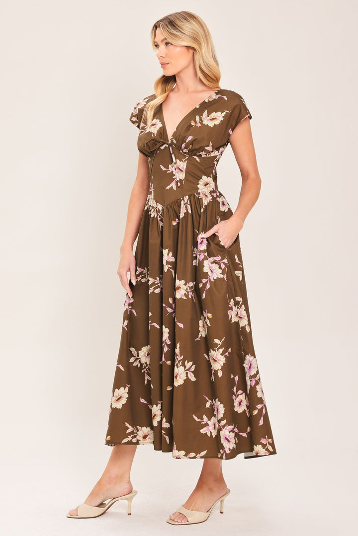 BROWN DAISY WOVEN MIDI DRESS