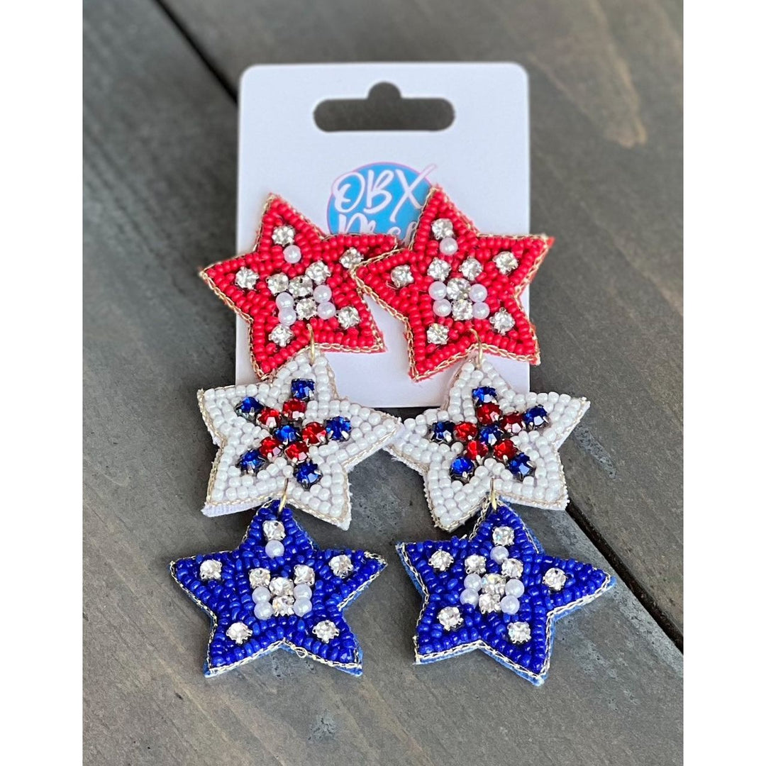 Handmade Patriotic Red White and Blue Triple Stars Earrings by OBX Prep