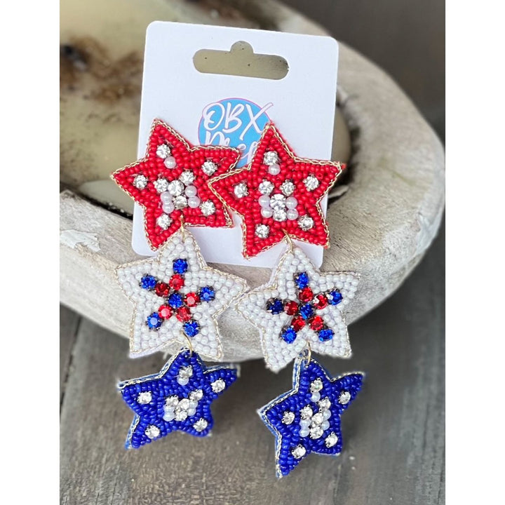 Handmade Patriotic Red White and Blue Triple Stars Earrings by OBX Prep