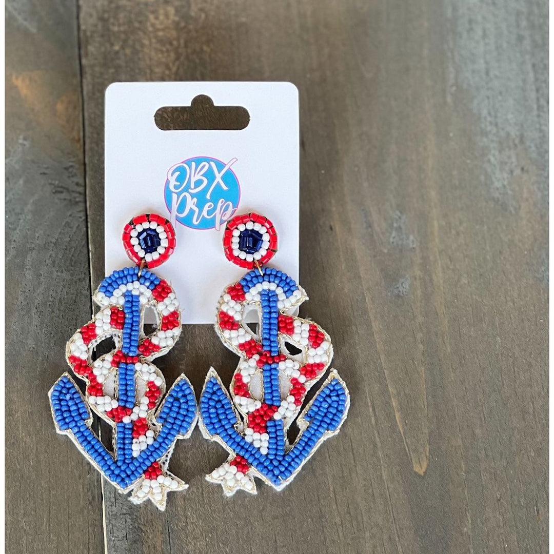 Seed Beaded Americana Anchor & Rope Drop Earrings by OBX Prep