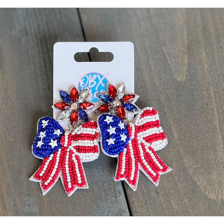 Patriotic Red White and Blue Handmade Bow Earrings by OBX Prep