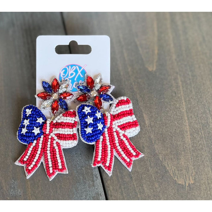 Patriotic Red White and Blue Handmade Bow Earrings by OBX Prep
