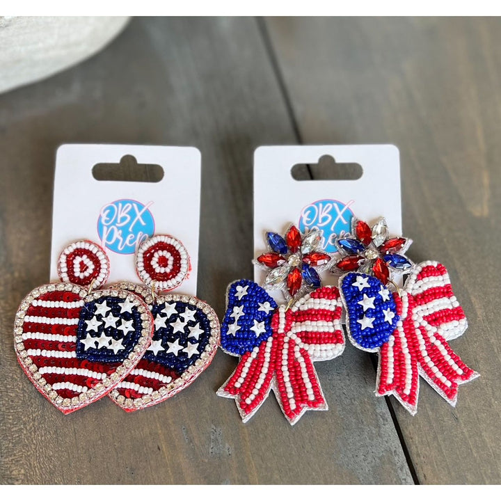 American Flag Heart Seed Bead Dangle Earrings by OBX Prep