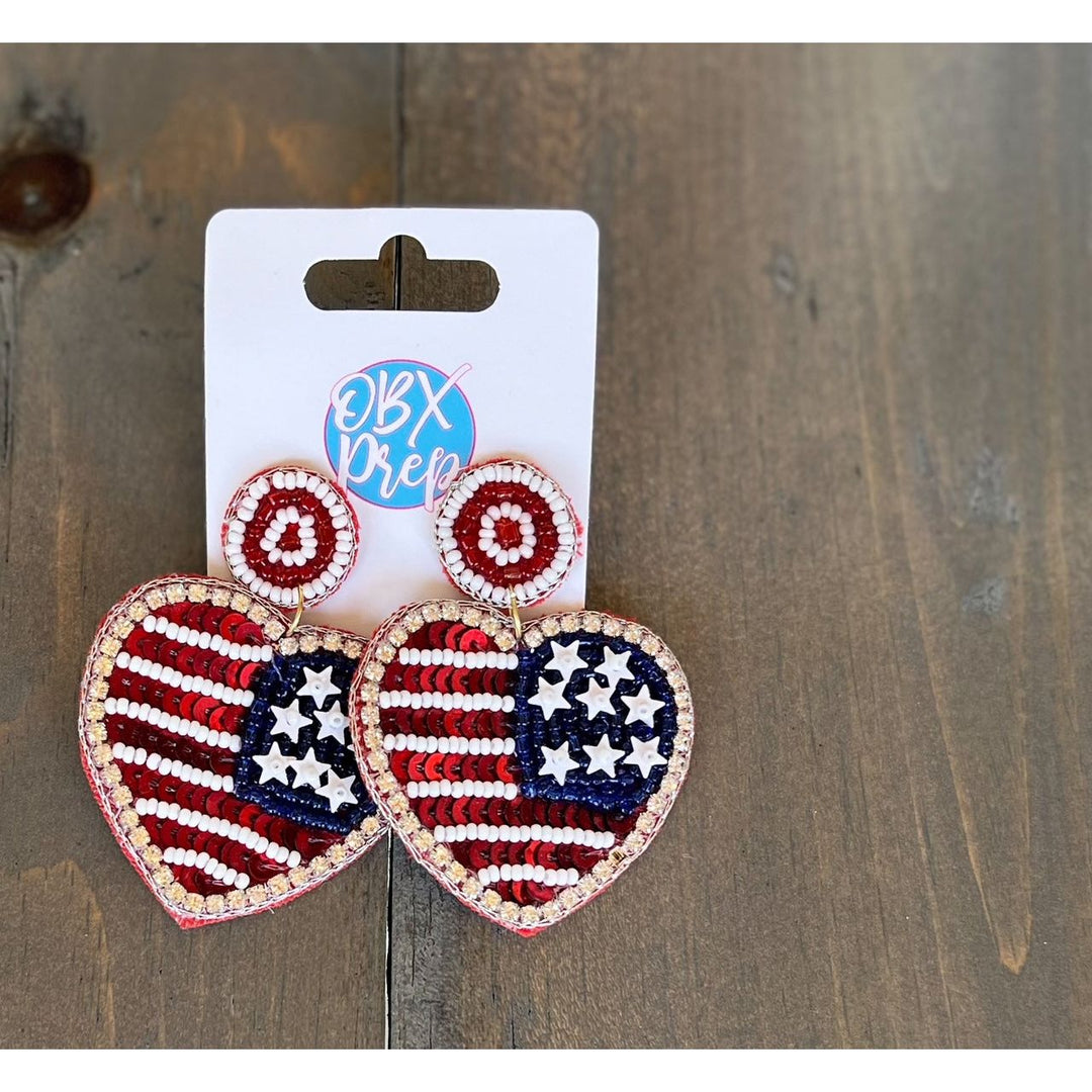 American Flag Heart Seed Bead Dangle Earrings by OBX Prep