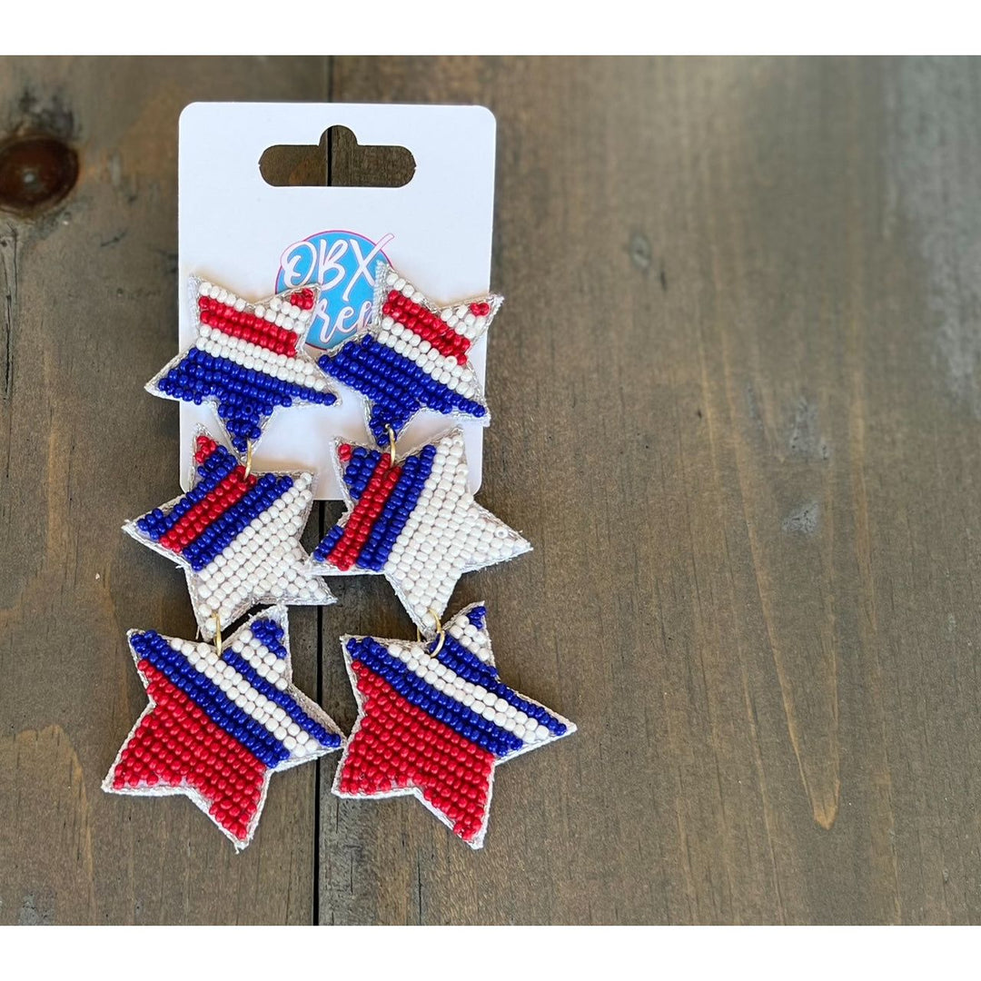 Patriotic Red White and Blue Striped Triple Stars Handmade Earrings by OBX Prep