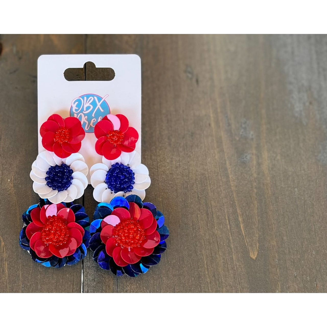 Patriotic Red White and Blue Triple Flowers Handmade Earrings by OBX Prep