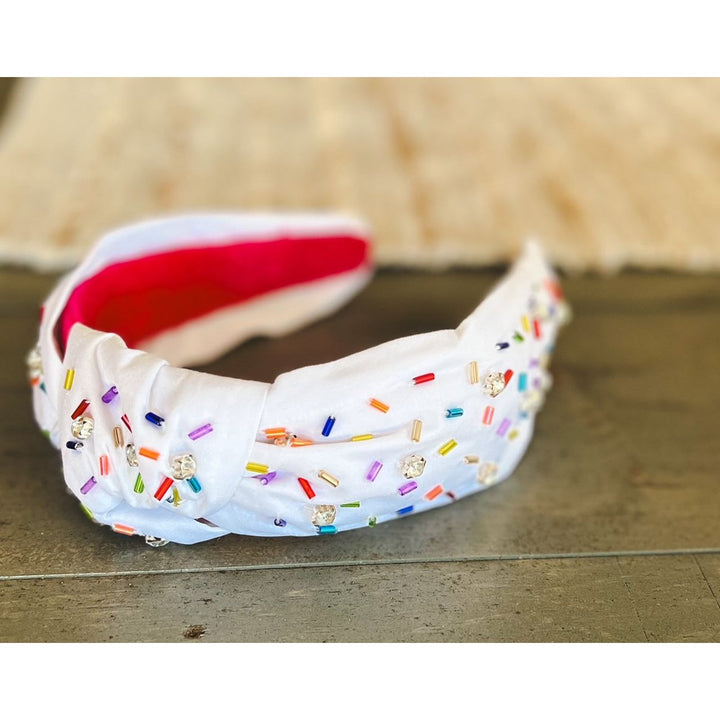 Confetti Beaded Top Knot Headband in Pink, Black and Gold, and White Multi-Colors by OBX Prep