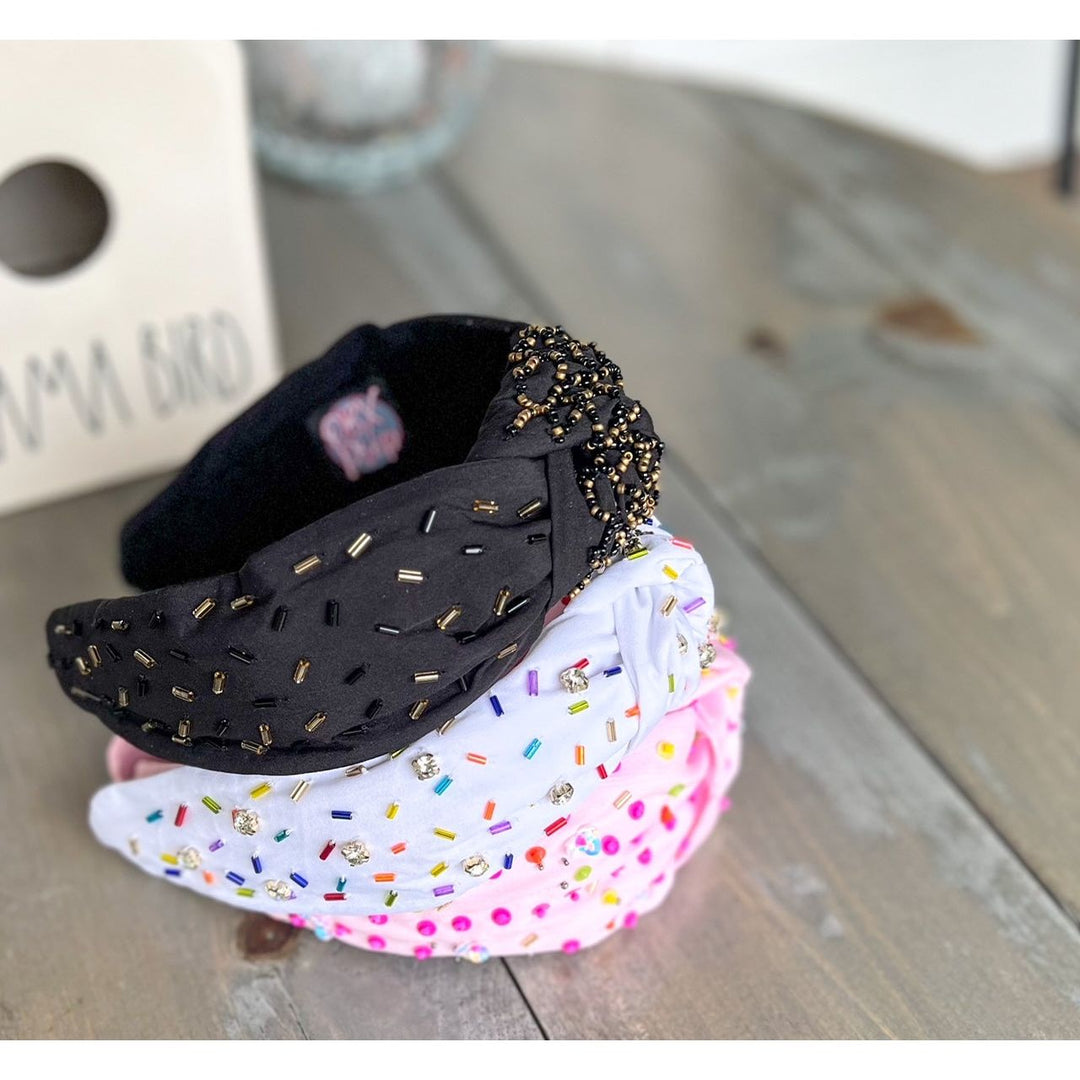 Confetti Beaded Top Knot Headband in Pink, Black and Gold, and White Multi-Colors by OBX Prep