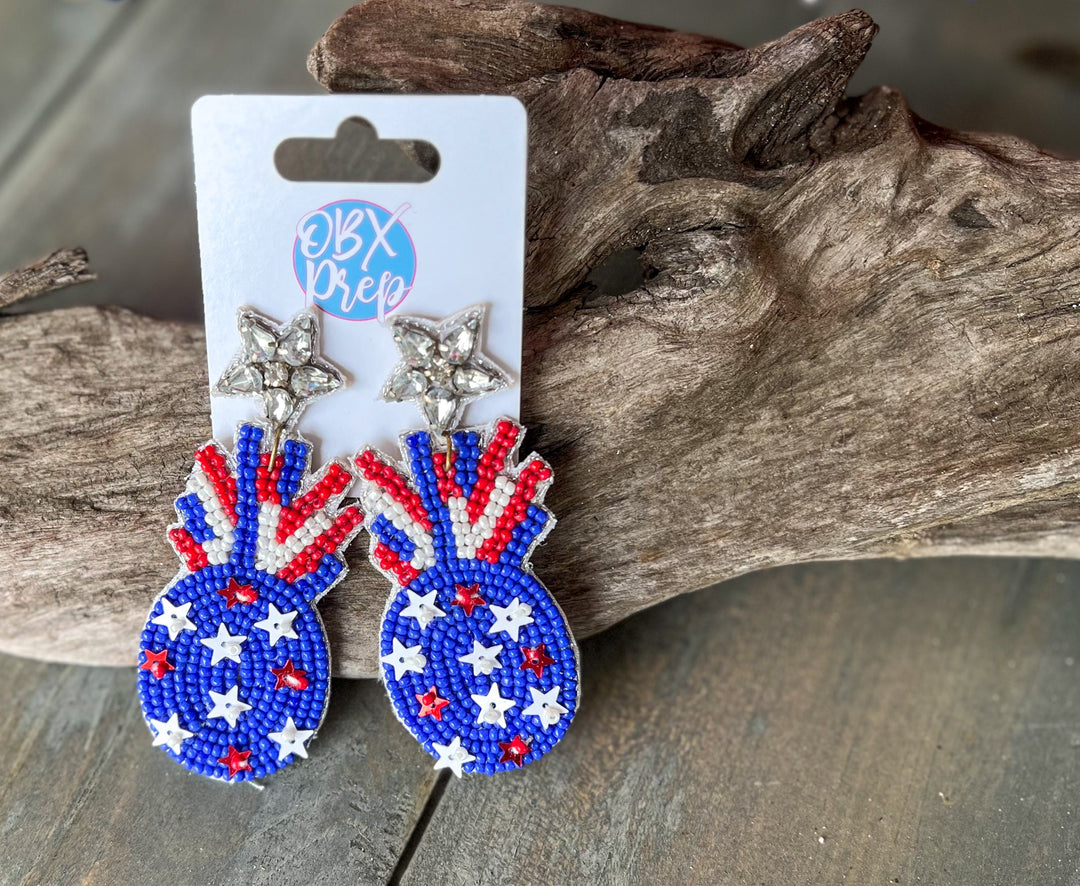 Patriotic Pineapple Seed Bead Dangle Earrings by OBX Prep