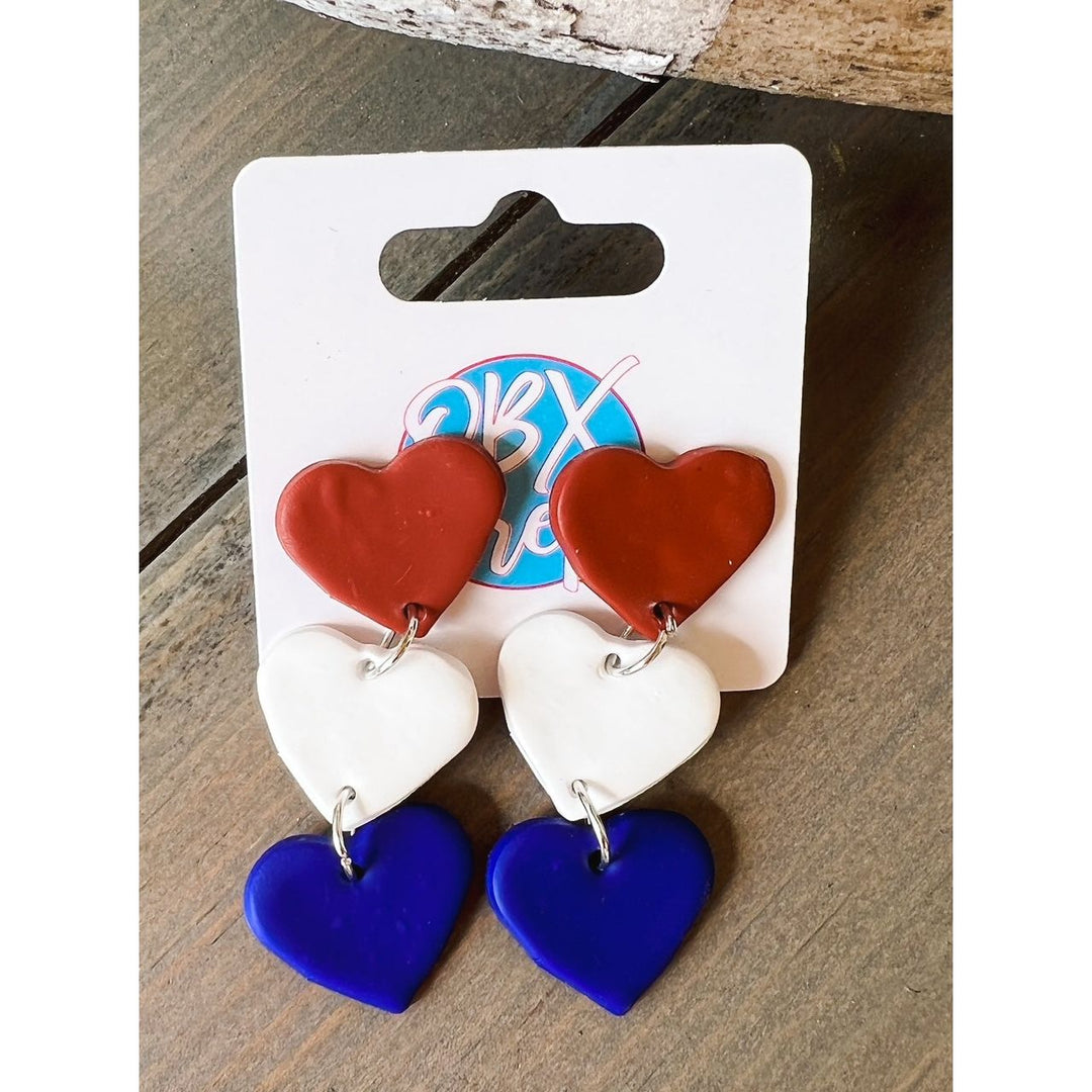 Red White and Blue Hearts Polymer Clay Dangle Earrings by OBX Prep