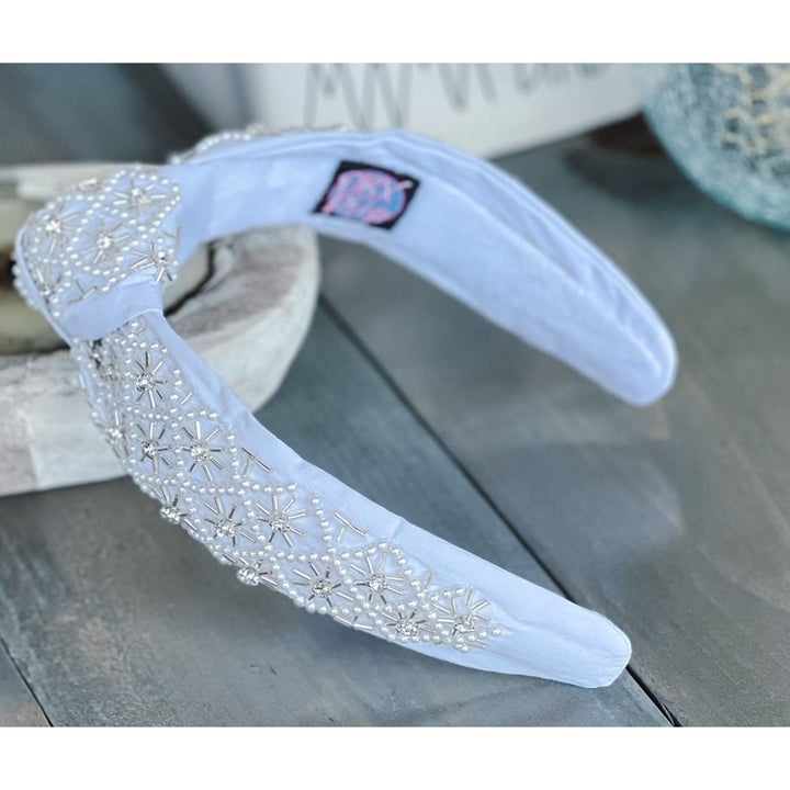 Pearl and Rhinestone Seed Beaded Top Knot Headband by OBX Prep