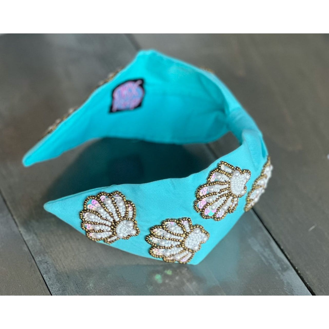 Seashell Seed Beaded Turquoise Top Knot Headband by OBX Prep