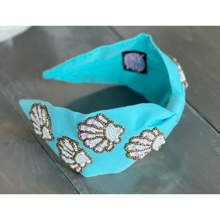 Seashell Seed Beaded Turquoise Top Knot Headband by OBX Prep