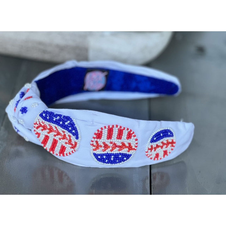 Patriotic Baseball Seed Beaded Top Knot Headband by OBX Prep