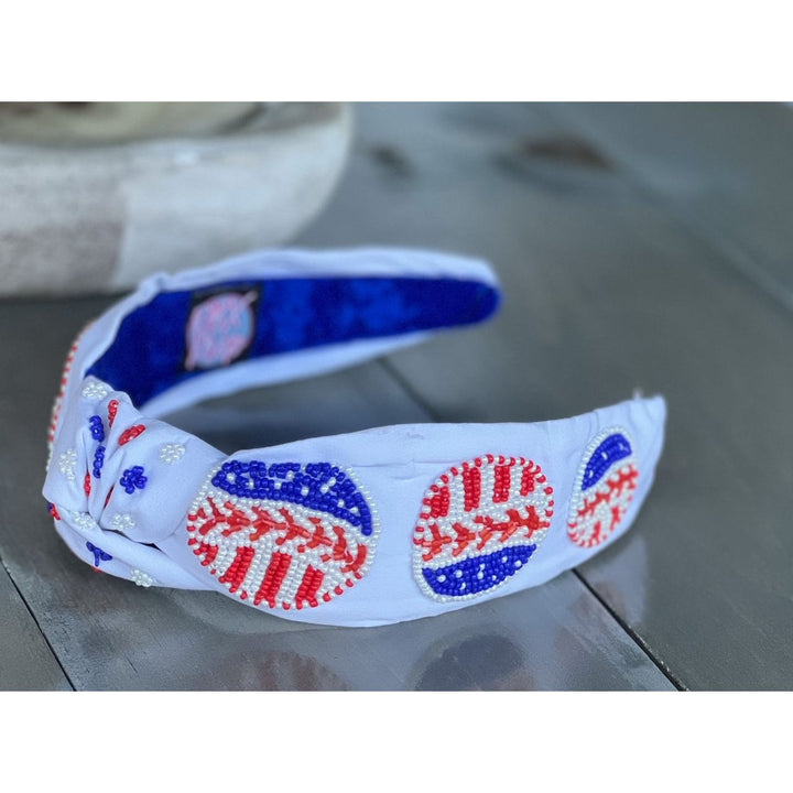 Patriotic Baseball Seed Beaded Top Knot Headband by OBX Prep