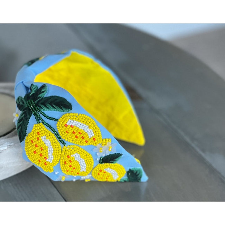 Lemons and Flowers Seed Beaded Top Knot Headband by OBX Prep