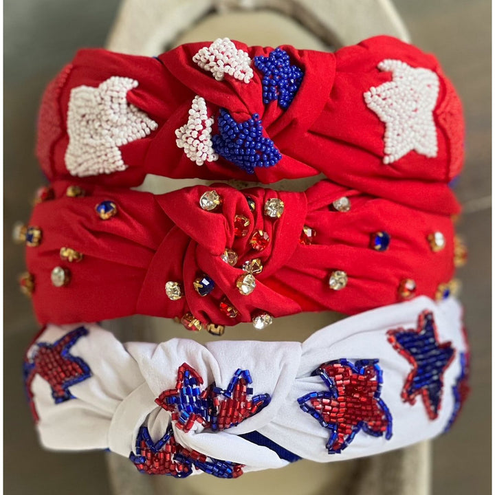 Patriotic Red, White, and Blue Jeweled Top Knot Red Headband 4th of July by OBX Prep