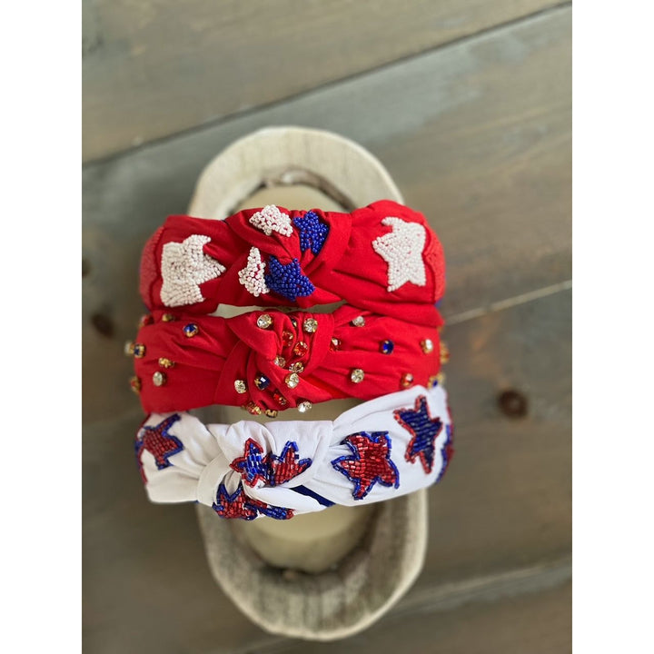 Patriotic Red, White, and Blue Jeweled Top Knot Red Headband 4th of July by OBX Prep