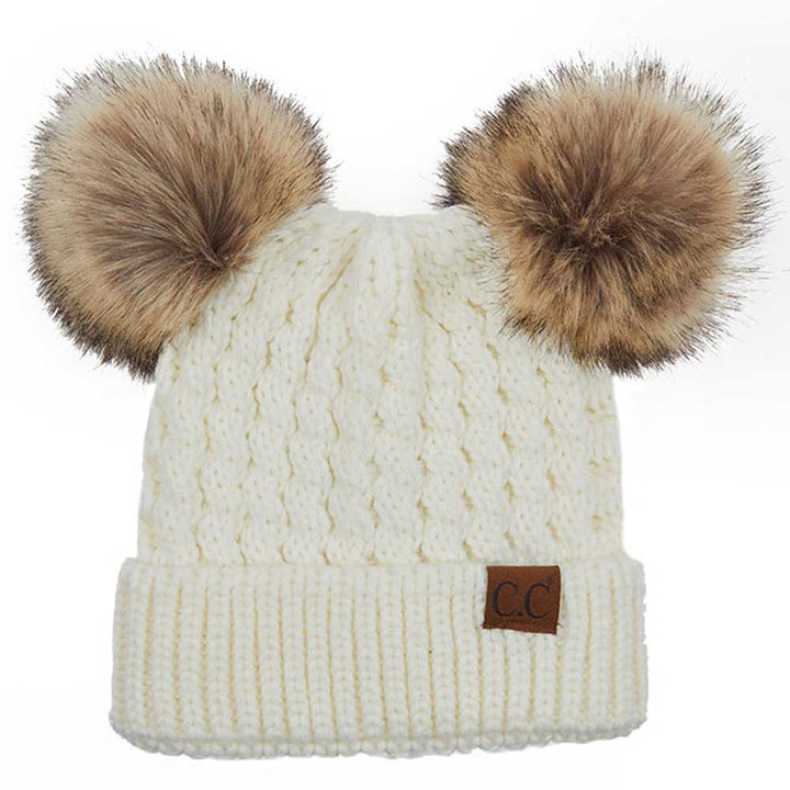 C.C Double Pom Pom All Over Cable Knit Beanie Hat by Madeline Love