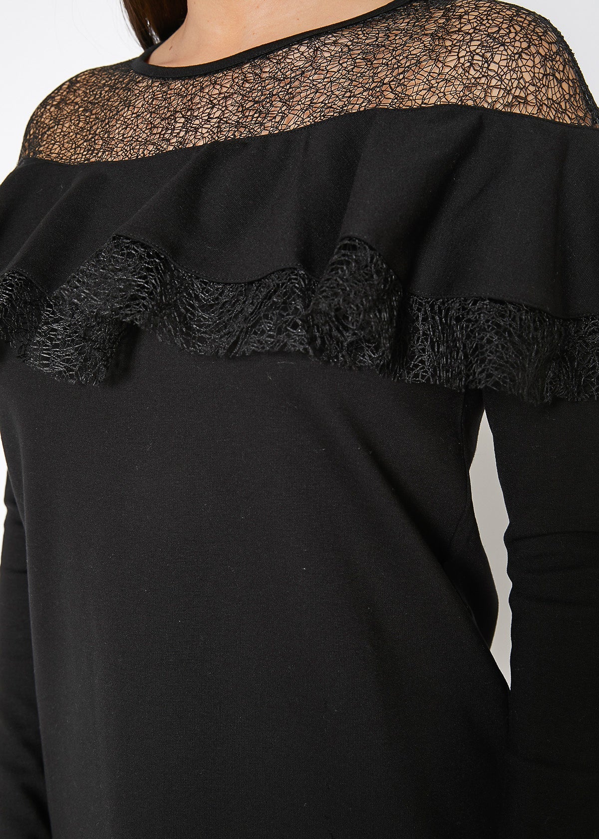 Lace Trim Sweatshirt Dress In Black by Shop at Konus Pomp and Port Lace Trim Sweatshirt Dress In Black by Shop at Konus Pomp and Port