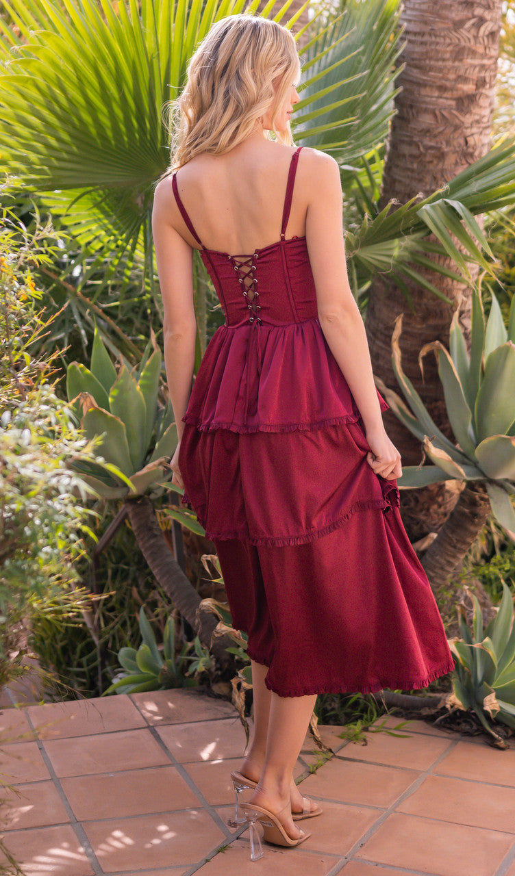 burgundy corset midi dress Burgundy Corset Midi Dress | Strapless Sweetheart Wedding Guest Gown | Formal Cocktail Party A-Line Dress with Pleated Skirt